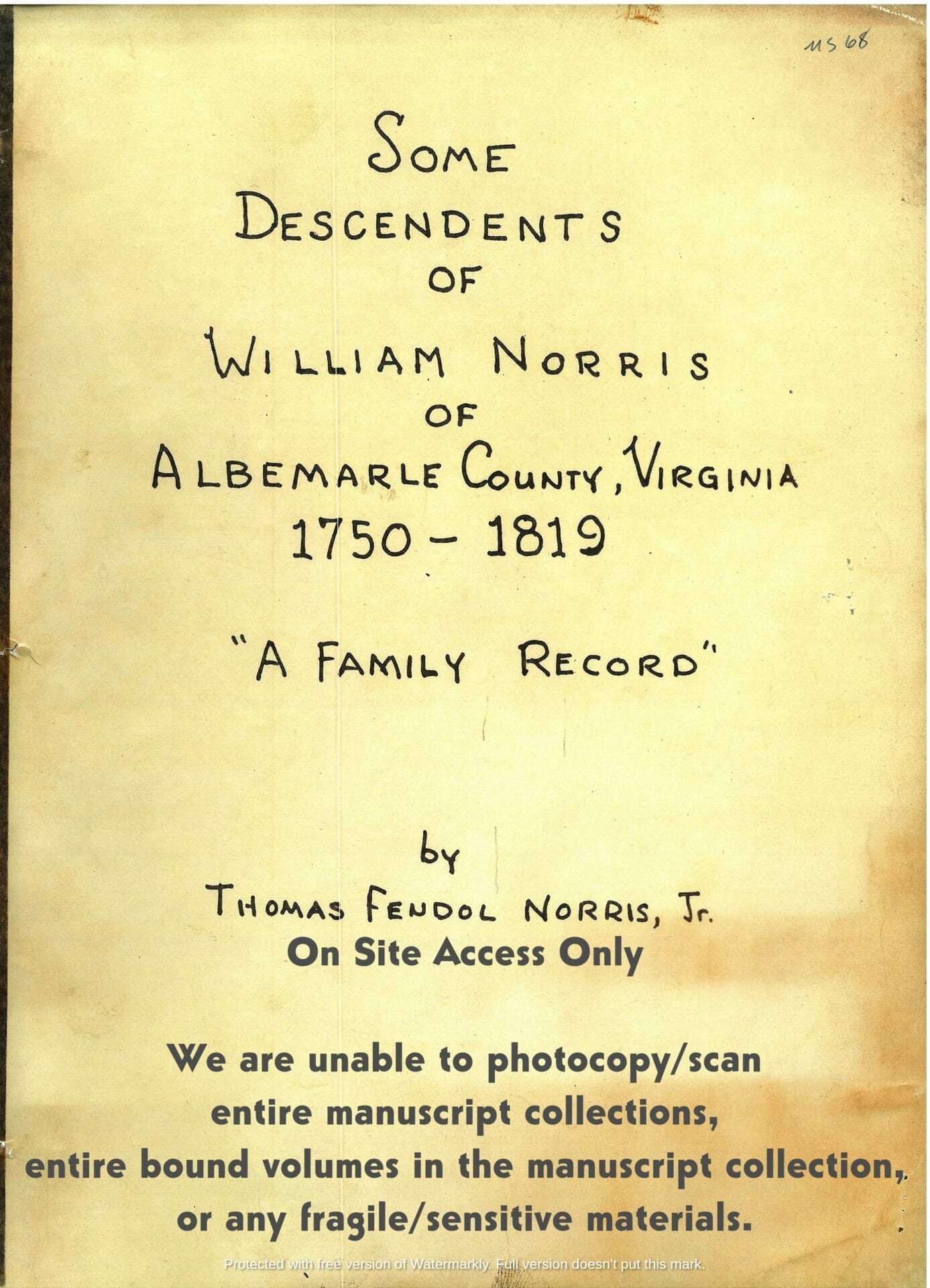 Descendants of William Norris of Albemarle County, Va., 17501819 The